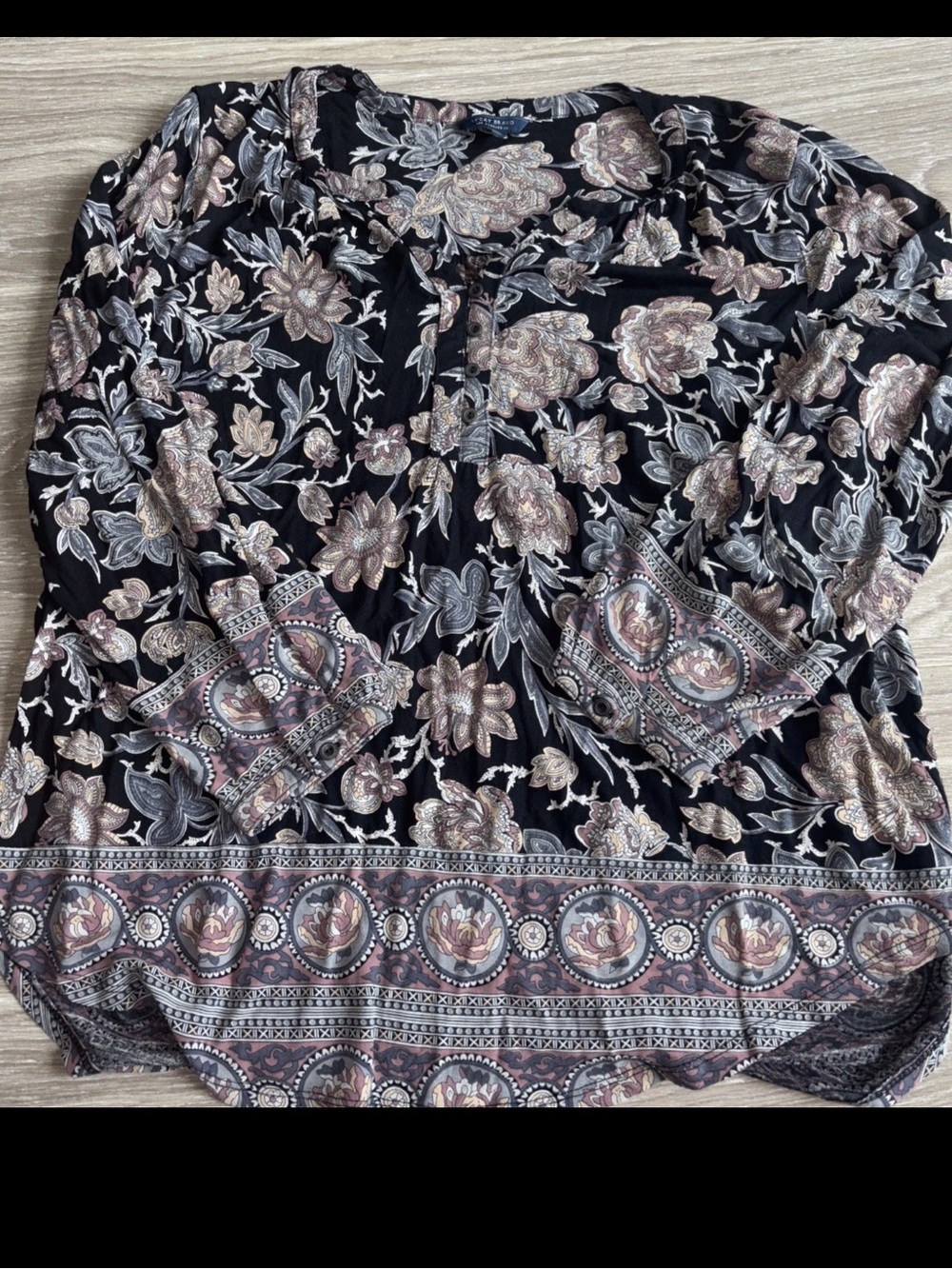 Lucky Brand Black Floral Print Tunic with Paisley Border